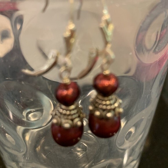 Sterling Silver dark red beaded earrings - Picture 3 of 3